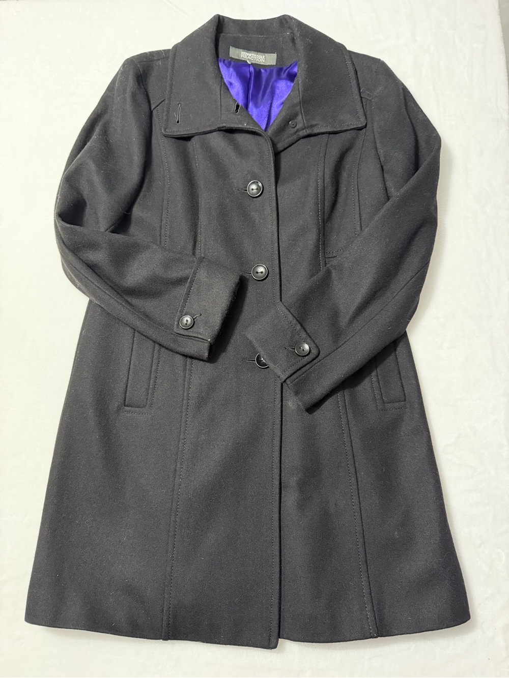 Kenneth Cole Reaction Black Wool Blend Fit & Flare Coat Purple Lining - Picture 3 of 9